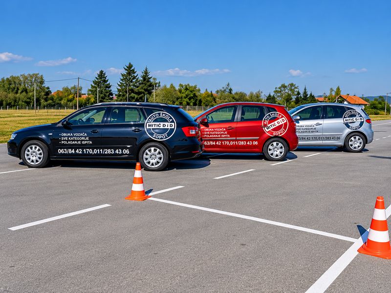 Tri vozila auto škole Mitić D i Đ na poligonu: crni, crveni i srebrni automobil